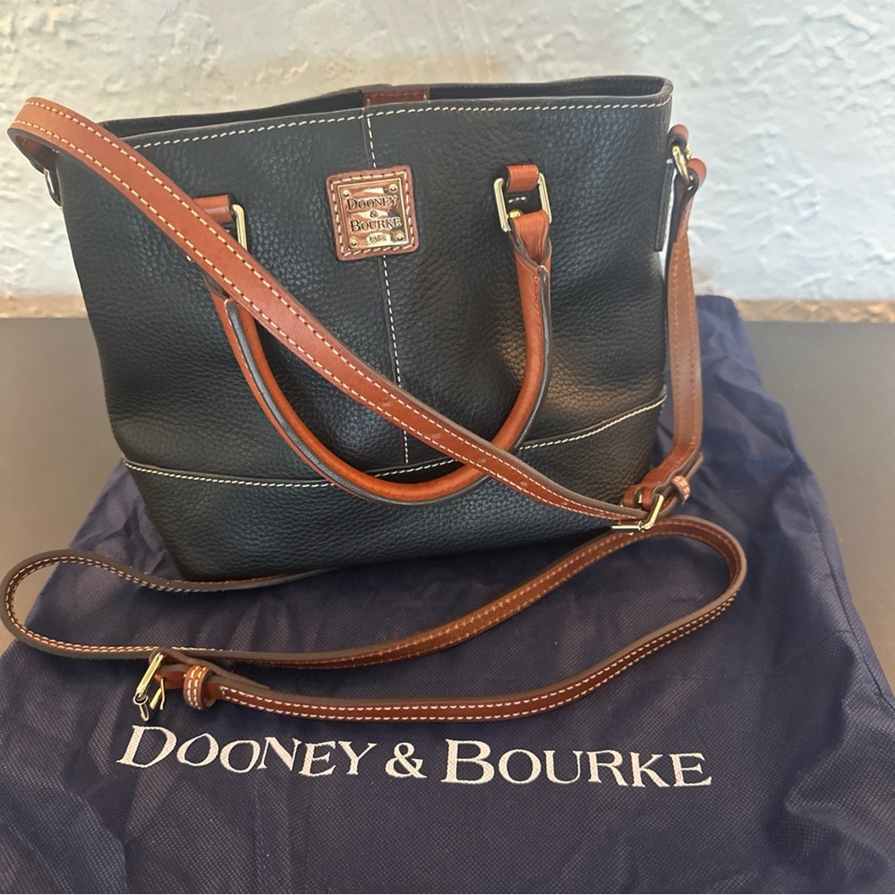 Dooney & Bourke Black Leather Shoulder Bag with Brown Trim